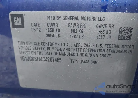 2012 Chevrolet Sonic 2Lt из США, поврежденный, VIN 1G1JC6SH4C4207465